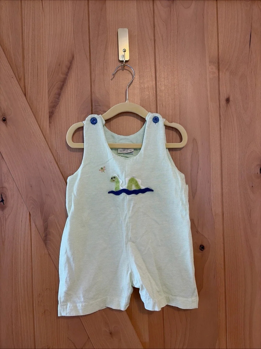 Toddler Knit Jon Jon Green Stripe Romper 18 Mo USA Made Loch Ness Dino Unisex